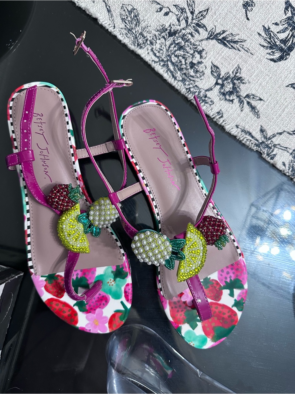 Betsey Johnson Fuchsia Floral Fruit Beaded T-Strap Sandals